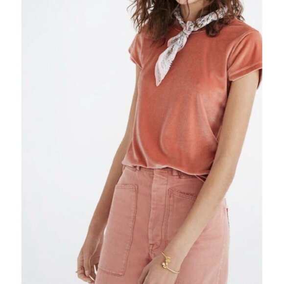 Madewell Velvet Short Sleeve Crew Neck Blouse Size Large Pink Whimsical Boho - Picture 1 of 7